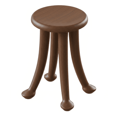 A minimalist wooden stool featuring a circular seat and three splayed, tapered legs with rounded ends, rendered in a dark brown wood finish. — 3D model (AI enhanced source)