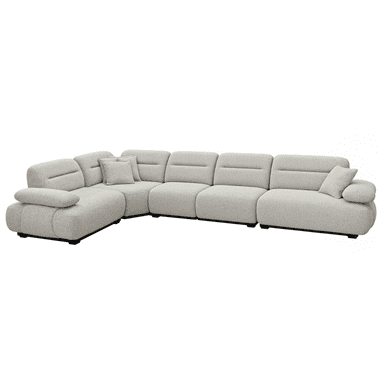 A large, multi-piece modular sectional sofa with a light gray, textured bouclé-like fabric. The sofa features rounded edges, low-profile designs, and thick, plush cushions, including an integrated chaise lounge section on one end. It comprises several individual segments that can be arranged to form a large L-shaped configuration. Small, dark, recessed legs are visible beneath the base. — 3D model (AI enhanced source)