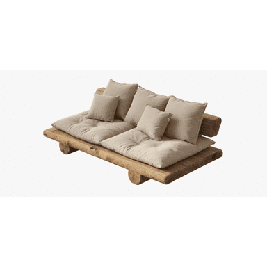 A rustic daybed featuring a natural wood frame made from thick, unfinished logs or planks, supporting thick, light-colored fabric cushions and several throw pillows. — 3D model (AI enhanced source)
