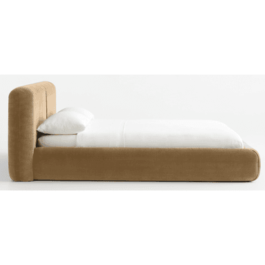 A modern upholstered bed frame with a low profile and a curved headboard. The bed is covered in a textured fabric and includes a mattress with white linens and pillows. — 3D model (AI enhanced source)