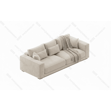 A contemporary two-seat sofa, or loveseat, upholstered in a light beige fabric. It features a minimalist design with track arms, loose back cushions, and a low-profile plinth base, accessorized with throw pillows and a checkered blanket. — 3D model (AI enhanced source)