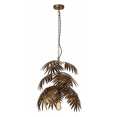 An antique brass or bronze finished pendant light designed with multiple layers of metallic palm fronds, suspended by a chain. It features a single exposed Edison-style filament bulb at its center, surrounded by the decorative leaf elements. — 3D model (AI enhanced source)