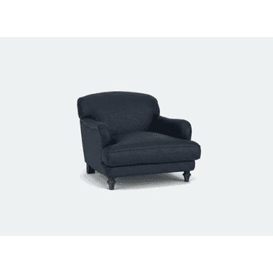 A dark blue upholstered armchair featuring a rounded back, rolled arms, and a single seat cushion, supported by four short, turned wooden legs. — 3D model (AI enhanced source)