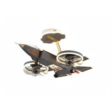 A multi-functional ceiling fixture designed in the shape of a jet fighter. It features a dark grey body with gold accents, red star insignia on the wings, and red missile-like structures at the rear. Two circular units, each containing a fan and an LED light ring, are integrated beneath the wings. The fixture is suspended from a gold-colored arm attached to a cloud-shaped ceiling mount. — 3D model (AI enhanced source)