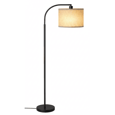 A modern arched floor lamp featuring a black metal frame, a curved neck, and a cylindrical linen-look fabric drum shade. The base is round and flat, providing stability. — 3D model (AI enhanced source)