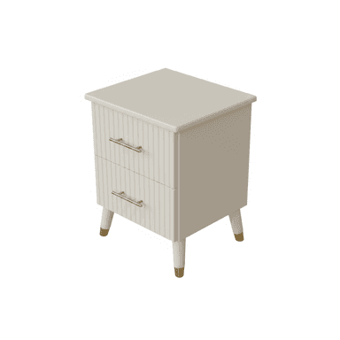 A modern two-drawer nightstand featuring a light neutral finish and elegant design details. The front of the drawers are adorned with vertical fluting, complemented by slender, horizontally oriented brass-toned bar pull handles. The nightstand stands on four tapered legs, each capped with a matching brass-toned accent at the bottom. — 3D model (AI enhanced source)