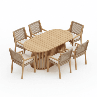 An outdoor dining set featuring an oval-shaped table with a slatted top and a cylindrical pedestal base composed of vertical wooden slats. Six matching armchairs surround the table, each constructed with a light-colored wooden frame, woven cane backrests, and thick, light-colored upholstered seat cushions. The set is designed for outdoor use, showcasing a natural aesthetic. — 3D model (AI enhanced source)