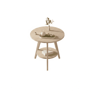 A light-colored wooden side table featuring a round top surface and a smaller, round lower shelf for additional storage or display. The table is supported by three splayed legs, creating a stable and visually appealing structure. The wood grain is visible, indicating a natural finish. — 3D model (AI enhanced source)
