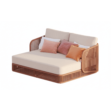 A contemporary daybed featuring a slatted light brown wooden frame with integrated armrests and back support. It is fitted with thick, beige upholstered seat and back cushions, accompanied by several throw pillows in varying pastel shades of pink, orange, and white. — 3D model (AI enhanced source)