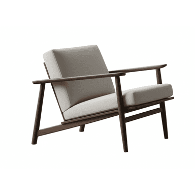 A minimalist lounge chair featuring a dark stained wooden frame and light-colored upholstered cushions. The design incorporates an exposed structural frame with clean lines, subtly angled for comfort. The armrests are flat and integrated into the frame, providing a sleek profile. The seat and back cushions appear plush and are upholstered in a light grey or beige fabric. — 3D model (AI enhanced source)