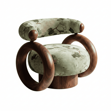 A contemporary armchair featuring a unique design with toroidal armrests and a cylindrical base. The seat and backrest are upholstered in a fabric with a botanical print. The frame elements are constructed from wood with a prominent grain pattern. — 3D model (AI enhanced source)
