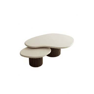 A contemporary coffee table featuring two irregularly shaped, stacked tabletops supported by cylindrical bases. The larger tabletop is positioned slightly above and behind the smaller one. The bases are composed of vertical, closely spaced cylindrical elements. — 3D model (AI enhanced source)
