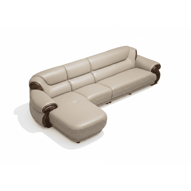 An L-shaped sectional sofa featuring cream-colored upholstery, likely leather or high-quality faux leather. The sofa is composed of multiple connected seating units, including an extended chaise lounge section. Distinctive dark, carved wooden elements are integrated into the armrests and along the base, providing a decorative contrast. The backrests and seat edges exhibit subtle quilted stitching patterns. — 3D model (AI enhanced source)