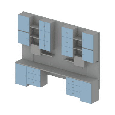 A modern modular wall-mounted unit designed for a home office or study area, featuring a long desk surface, integrated drawers, closed cabinets, and open shelving in a two-tone grey and light blue color scheme. — 3D model (AI enhanced source)