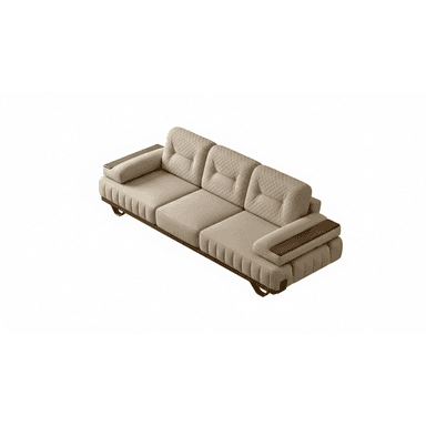 A three-seater contemporary sofa featuring light beige fabric upholstery, distinct quilted backrests, and integrated wooden elements on the armrests and as an exposed frame detail along the base. — 3D model (AI enhanced source)
