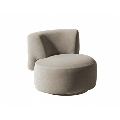 A contemporary, armless lounge chair upholstered in a light beige fabric, featuring a curved backrest and a circular seat, designed for comfortable, relaxed seating. The base suggests a swivel mechanism. — 3D model (AI enhanced source)