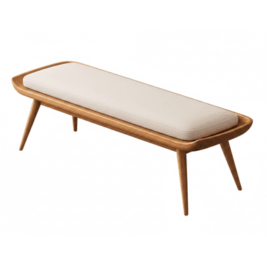 A long, rectangular bench featuring a solid light-colored wooden frame with gracefully curved edges and tapered legs. It is topped with a removable, light cream-colored upholstered cushion. — 3D model (AI enhanced source)