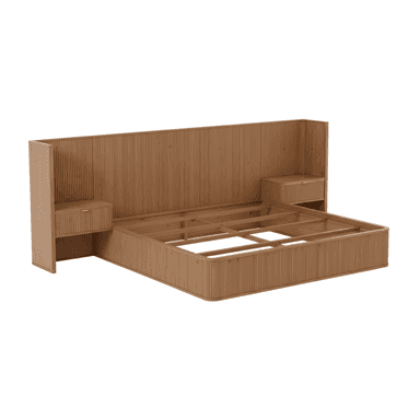 A wooden bed frame featuring a tall, slatted headboard that extends outwards to form integrated nightstands on either side. The bed frame itself is also constructed with slatted panels around its base. The nightstands have drawers with ribbed fronts and thin, possibly metallic, drawer pulls. The overall design is modern with a focus on linear textures. — 3D model (AI enhanced source)