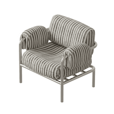A modern armchair featuring a polished metal tubular frame and plush, striped upholstered cushions. The cushions form the seat, backrest, and armrests, appearing to be wrapped around the frame. The stripes are black and off-white/light grey. — 3D model (AI enhanced source)