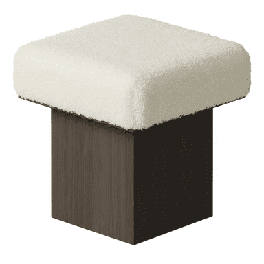 A contemporary square ottoman featuring a thick, plush, white boucle upholstered top, supported by a minimalist dark wood cube base with a visible grain texture. — 3D model (AI enhanced source)