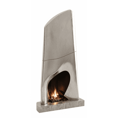A modern, sculptural freestanding fireplace featuring a sleek, metallic finish and an organic, asymmetrical form. The main body curves inward towards the base, creating a fluid, heart-shaped or teardrop-shaped firebox opening where flames are visible. It rests on a rectangular, flat base made of a material resembling veined stone or marble, providing stability and visual contrast. The entire unit presents a contemporary and artistic aesthetic, designed to be a focal point in a modern interior. — 3D model (AI enhanced source)