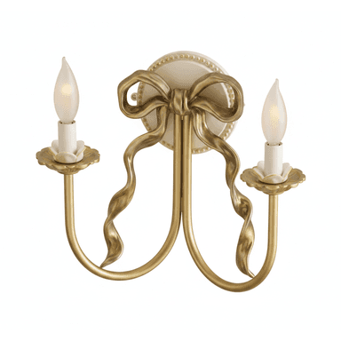 A decorative wall sconce designed to resemble a candle holder with a bow motif. It features two candle-shaped light bulbs emitting a warm glow. The structure is supported by curved arms extending from a central base adorned with a sculpted ribbon or bow. — 3D model (AI enhanced source)