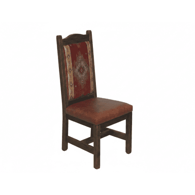 An armless dining chair featuring a dark-stained solid wood frame, a brown upholstered seat, and a patterned fabric upholstered backrest in red and earthy tones. — 3D model (AI enhanced source)