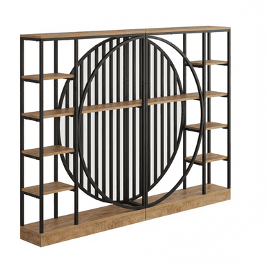 A tall, rectangular freestanding shelving unit featuring a black metal frame and light wood-tone shelves. Its defining characteristic is a large, circular, slatted black metal screen integrated into the central section, which also functions as a visual divider. The unit has multiple open shelves on both sides of the central screen, providing ample storage and display space. A solid wood-tone base runs along the bottom. — 3D model (AI enhanced source)