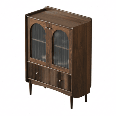 A dark brown wooden display cabinet featuring arched fluted glass doors in the upper section and reeded-front drawers in the lower section, standing on tapered legs with brass knob pulls. — 3D model (AI enhanced source)