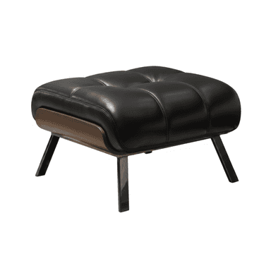 A contemporary ottoman featuring black leather upholstery with buttonless tufting, supported by a dark wood base panel and four angled, black metal legs. — 3D model (AI enhanced source)