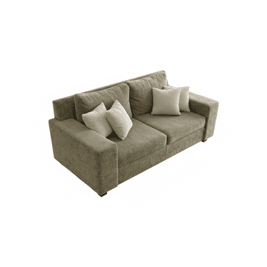 A modern two-seater loveseat upholstered in a textured olive-green fabric. It features clean, straight lines, broad track arms, and loose seat and back cushions. Four accent pillows, two beige corduroy-textured and two plain beige, are placed on the sofa. — 3D model (AI enhanced source)