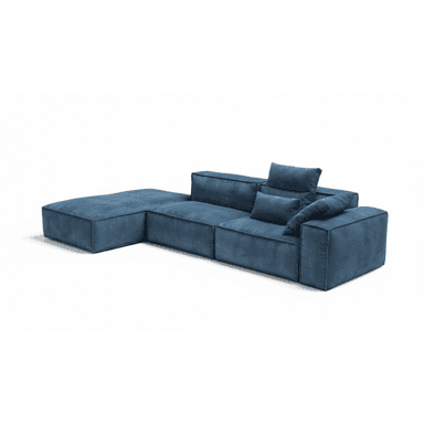 A contemporary L-shaped sectional sofa upholstered in blue corduroy fabric, featuring a chaise lounge extension, low-profile design, and multiple loose back and throw cushions. — 3D model (AI enhanced source)