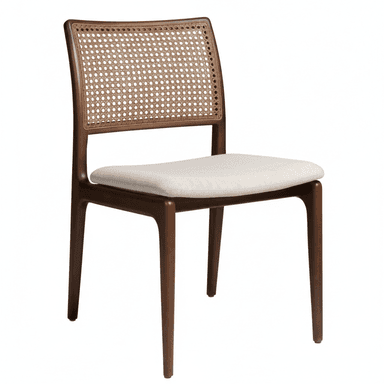 A contemporary dining chair featuring a dark-stained solid wood frame, a woven cane backrest, and a light-colored upholstered seat cushion. The chair exhibits a sleek, armless design with gently curved elements and tapered legs, suggesting a blend of mid-century modern and Scandinavian aesthetic influences. — 3D model (AI enhanced source)