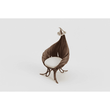 An artistic accent chair with a unique, organic design. The chair features a dark wood frame intricately sculpted to resemble flowing leaves or petals, forming a high back that curves around the seat. The seat itself is upholstered in a light-colored, textured fabric. A decorative element, possibly brass or gold-toned metal, is situated at the apex of the chair's back, resembling a bell or flower. — 3D model (AI enhanced source)