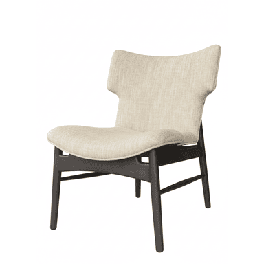 An upholstered lounge chair featuring a light beige fabric seat and backrest, supported by an exposed dark brown wooden frame with tapered legs. — 3D model (AI enhanced source)