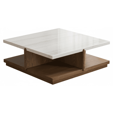 A contemporary coffee table with a square, white marble top featuring subtle grey veining. The base consists of two tiers of dark wood with a prominent grain pattern. The upper tier is supported by the lower tier, with two rounded wooden legs integrated into the structure, connecting the top and bottom shelves. The overall design is minimalist and geometric. — 3D model (AI enhanced source)