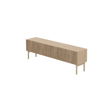 A long, rectangular, low-profile storage unit in a light wood finish, featuring fluted front panels and supported by four slender, cylindrical legs. — 3D model (AI enhanced source)