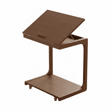 A dark brown wood mobile C-shaped side table featuring a cantilevered design, an adjustable tilting top, and a hidden open storage compartment, all supported by a base with casters for easy mobility. — 3D model (AI enhanced source)