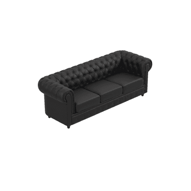 A classic three-seat Chesterfield sofa upholstered in black faux leather, featuring distinctive deep button tufting on the backrest and rolled armrests. The sofa has three individual seat cushions and rests on small, dark-finished turned legs. — 3D model (AI enhanced source)