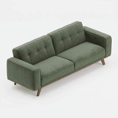 A two-seater sofa with green fabric upholstery, featuring tufted back cushions, square track arms, and an exposed wooden base with tapered wooden legs. — 3D model (AI enhanced source)
