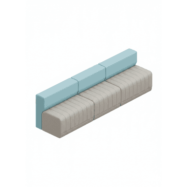 A contemporary modular linear seating unit consisting of three identical seat segments and a continuous backrest made of three corresponding segments. The seat segments are upholstered in a light beige/grey fabric with vertical channel tufting, while the backrest segments are upholstered in a light blue, smooth fabric. The overall design is minimalist and features a low profile. — 3D model (AI enhanced source)