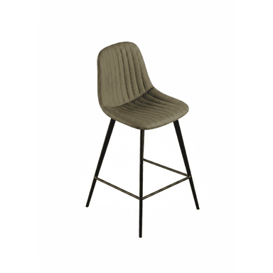 A modern bar stool featuring an olive green upholstered seat and backrest with vertical channel tufting, supported by sleek black tapered metal legs with an integrated footrest. — 3D model (AI enhanced source)