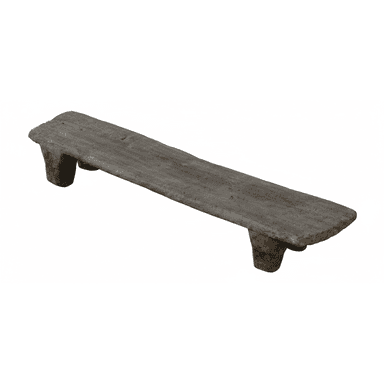 A rustic, low-profile bench with a flat, elongated top and two substantial, block-like legs at each end. The piece exhibits a weathered texture and irregular edges, suggesting it is made from natural wood. The design is simple and primitive. — 3D model (AI enhanced source)