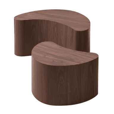 A set of two modern, organically shaped tables, featuring a sculptural, crescent-like design and rich walnut wood veneer finish. — 3D model (AI enhanced source)