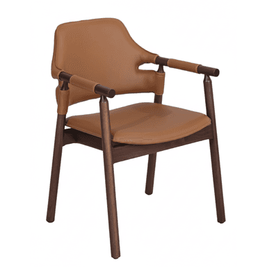A contemporary armchair featuring a dark wood frame with a tan leather upholstered seat and backrest. The design includes distinctive leather-wrapped wooden armrests that connect elegantly to the back. The chair has tapered wooden legs, contributing to its modern aesthetic. — 3D model (AI enhanced source)