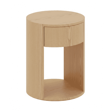 A cylindrical nightstand made of light-colored ash wood, featuring a single drawer and an open storage compartment within its drum-shaped body. — 3D model (AI enhanced source)