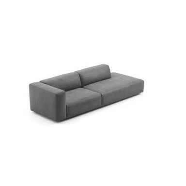 A two-piece contemporary modular sectional sofa upholstered in dark grey fabric. It features a low-profile design with clean, straight lines and an understated aesthetic. One module includes a backrest and a single armrest, while the adjoining module is armless, forming an L-shaped configuration suitable for various living spaces. The base appears recessed, giving the sofa a floating appearance. — 3D model (AI enhanced source)
