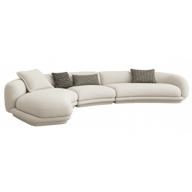 A large, contemporary sectional sofa upholstered in light beige bouclé fabric. The sofa features a curvilinear design with rounded edges and is composed of multiple modules, including an extended chaise-like section on the left. It comes with several decorative throw pillows in muted tones and geometric patterns. — 3D model (AI enhanced source)
