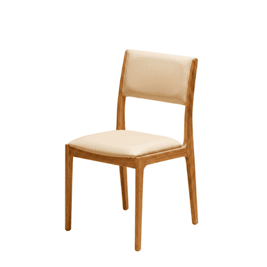 A contemporary dining chair featuring a natural wood frame and beige upholstered seat and backrest. The chair has a clean, minimalist design with subtly curved elements in the backrest frame. The four legs are straight and slightly tapered, extending directly from the seat frame. Both the seat and the backrest are padded and covered in a light beige, smooth fabric or faux leather upholstery, providing a comfortable seating experience. The visible wood grain suggests a solid wood construction, possibly oak or beech, with a light finish. — 3D model (AI enhanced source)