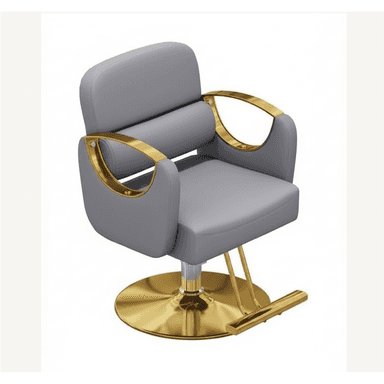 A modern salon or barber chair featuring light gray upholstered seating with prominent polished gold-tone metal accents. It includes a hydraulic base for height adjustment, a curved footrest, and open-loop armrests in gold. — 3D model (AI enhanced source)